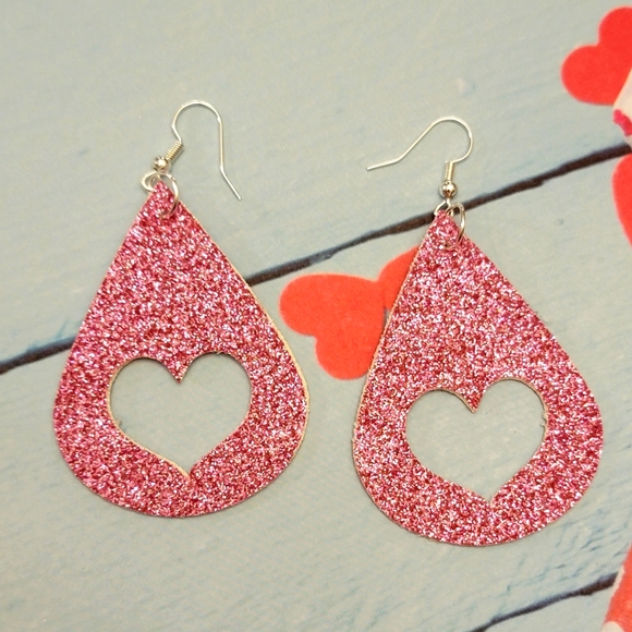 Jewelry - Handmade Faux Leather Glitter Valentine's Heart Earrings